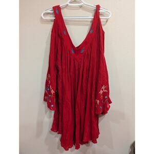 Trumpet sleeve red floral embroidered peasant style blouse by Pink Cadillac, L